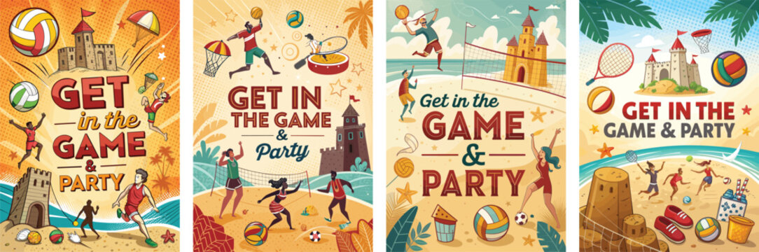 Colorful illustrations promoting sports and beach parties with diverse participants.
