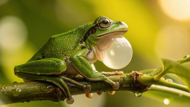 Close up of green tree frog with vocal sac inflating on wet branch in natural environment
