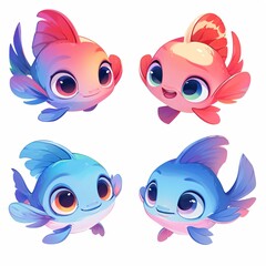 Fototapeta premium Set of four cute cartoon fish characters with large eyes. Vibrant colorful underwater sea animals for children design, logo, sticker, mascot and game art asset on white background.