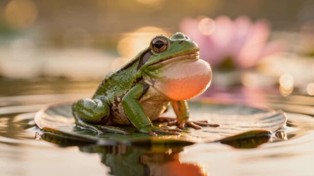 Close up of green frog sitting on lily pad in calm water with blurred pink lotus flower background