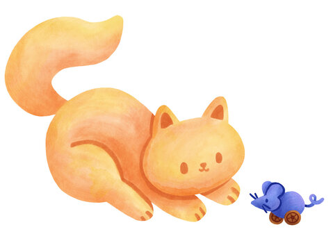Cute Orange cat chasing toy mouse watercolor illustration