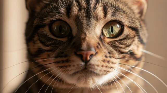 Close up of a domestic tabby cat face with green eyes and detailed fur texture in warm natural light