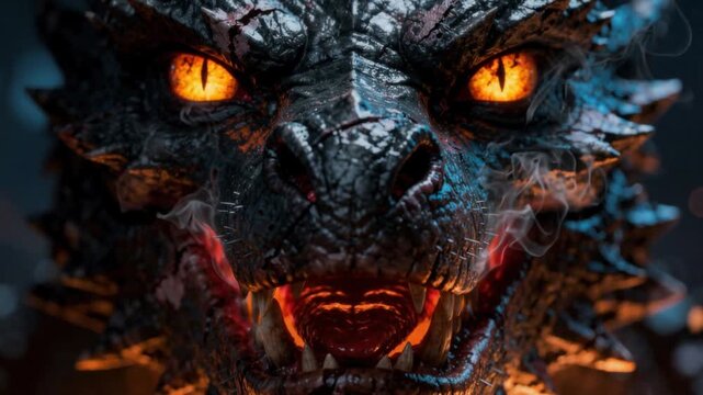 Close up of fierce dragon face with glowing orange eyes and sharp teeth fantasy creature fire smoke