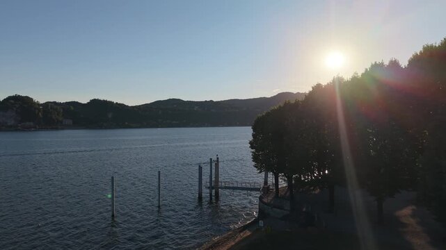Sunset Drone View of Angera Pier on Lake Maggiore