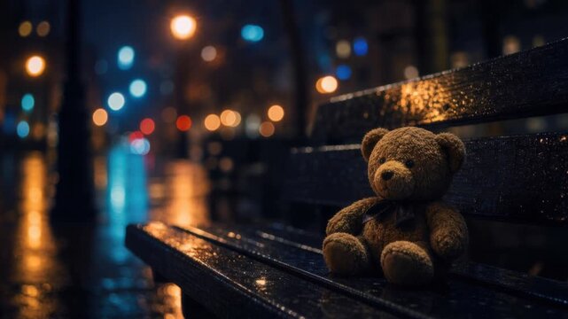 Lonely teddy bear sitting on a wet park bench at night with blurred city lights background