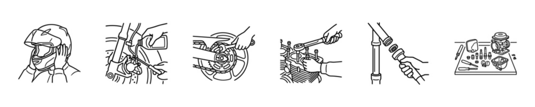 Motorcycle maintenance and repair steps illustrated with line art icons