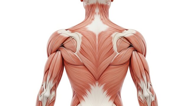 Anatomical 3D Render of Human Back Muscles including Trapezius and Deltoids for Medical Study