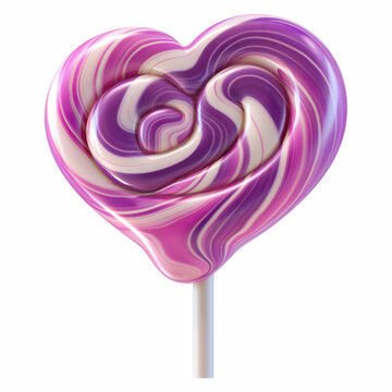 Realistic Heart Shaped Pink Purple Swirl Lollipop Candy Isolated on Transparent Background