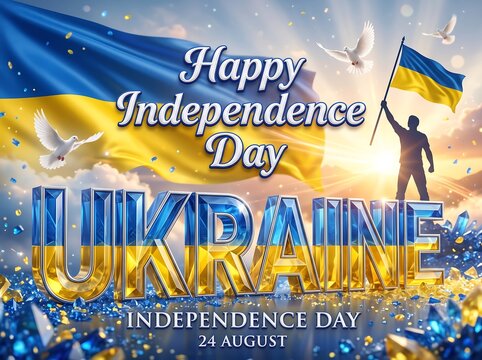 Ukraine Independence Day 24 August celebration graphic with waving flag and flying white doves