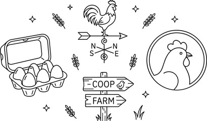 Poultry farm egg carton box weather vane chicken coop signpost badge doodle vector outline element set © MstLaky