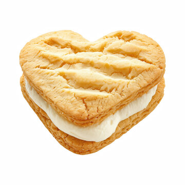 Realistic Heart Shaped Sandwich Cookie with Vanilla Cream Isolated on Transparent Background