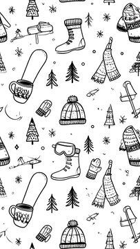 A seamless pattern of winter clothing and accessories on a white background