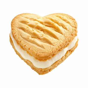 Realistic Heart Shaped Sandwich Cookie with Vanilla Cream Isolated on Transparent Background