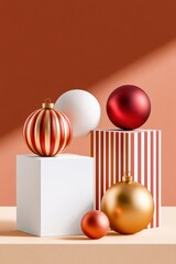 Fototapeta premium Luxury Christmas ornaments and minimalist product display with gold and red baubles on pedestals