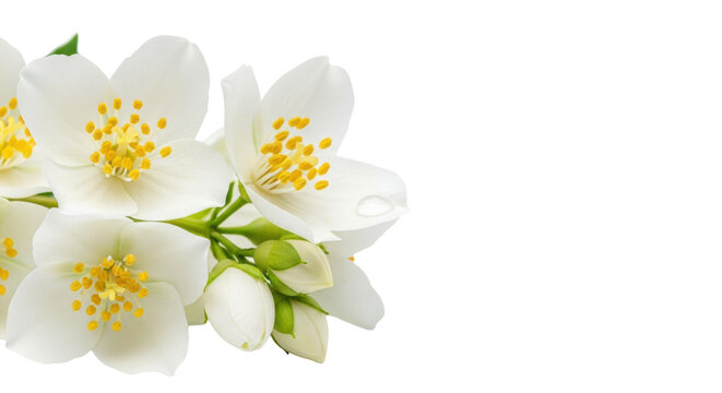 White jasmine flower sprig in macro detail, showcasing star-shaped petals, yellow stamens, and a water droplet, isolated on a transparent background with ample copy space, high-key freshness concept
