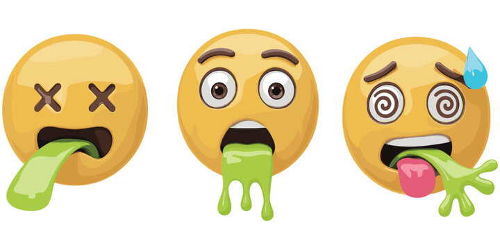 Funny sick emoji faces, vomiting cartoon icons, disgust reaction emoticons, nausea expression graphics, gross feeling symbols, flat vector illustration
