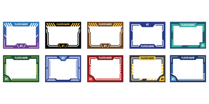 Futuristic gamer name tag template, esports overlay design, streaming frame graphics, colorful player badge layout, modern gaming UI element, flat vector illustration