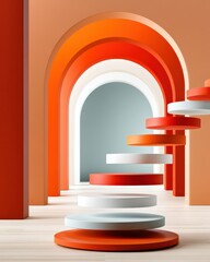 Obraz premium Minimal modern architecture with floating circular podiums and warm orange arches in a luxury interior
