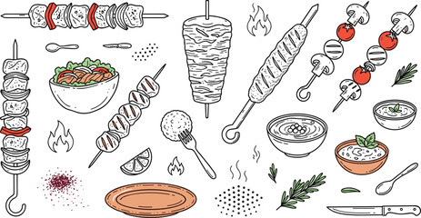 Middle Eastern kebab shish skewer doner and traditional cuisine dishes vector outline colored element set illustration © MstLaky