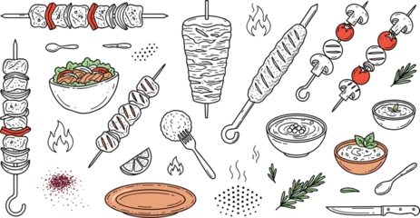 Middle Eastern kebab shish skewer doner and traditional cuisine dishes vector outline colored element set illustration © MstLaky
