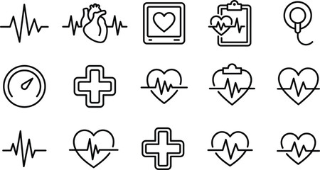 Fototapeta premium Heartbeat pulse and cardiology icon set with medical heart rate ecg monitor clipboard cross outline vector