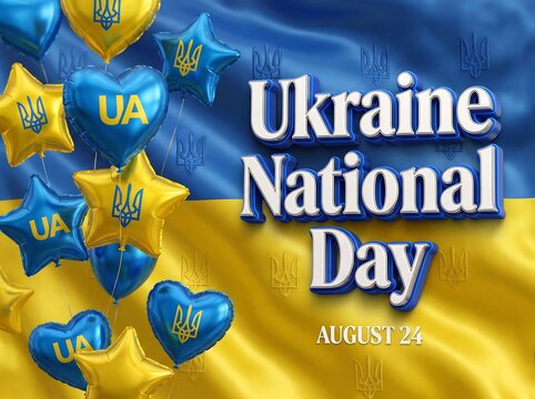 Ukraine National Day August 24 banner with heart balloons and national trident emblem design