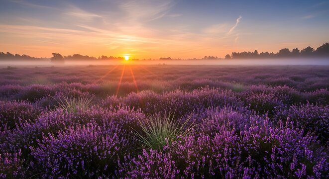 A serene landscape of a vast field of purple flowers at sunrise