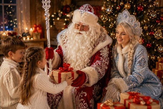 V&auml;terchen Frost und Snegurotschka &uuml;berreichen Kindern Geschenke. Magische Innenraumszene mit Tannenbaum und warmem Licht, inspiriert von russischen Silvester- und Neujahrsbr&auml;uchen.