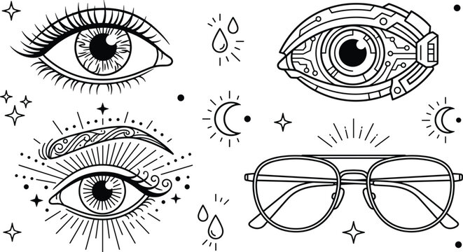 Human mystic and cybernetic eye with glasses vector outline element set for t shirt design illustration