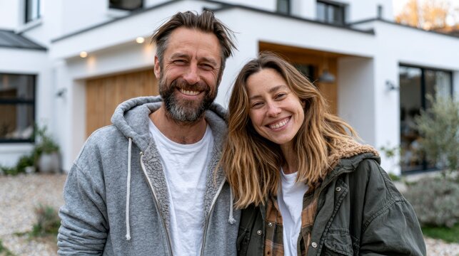 A smiling couple stands outdoors in front of a modern house, dressed casually in jackets, enjoying a relaxed moment together.