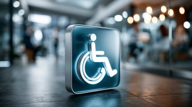 A glowing 3D disabled accessibility icon is displayed in a modern indoor setting with blurred background lights and flooring.