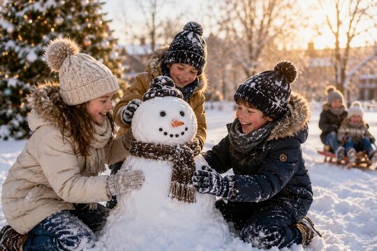 Kinder bauen gemeinsam einen Schneemann im winterlichen Park. Fr&ouml;hliche Outdoor-Szene mit Schnee, warmem Abendlicht und spielerischer Stimmung, passend zu russischem Winter und Neujahr.