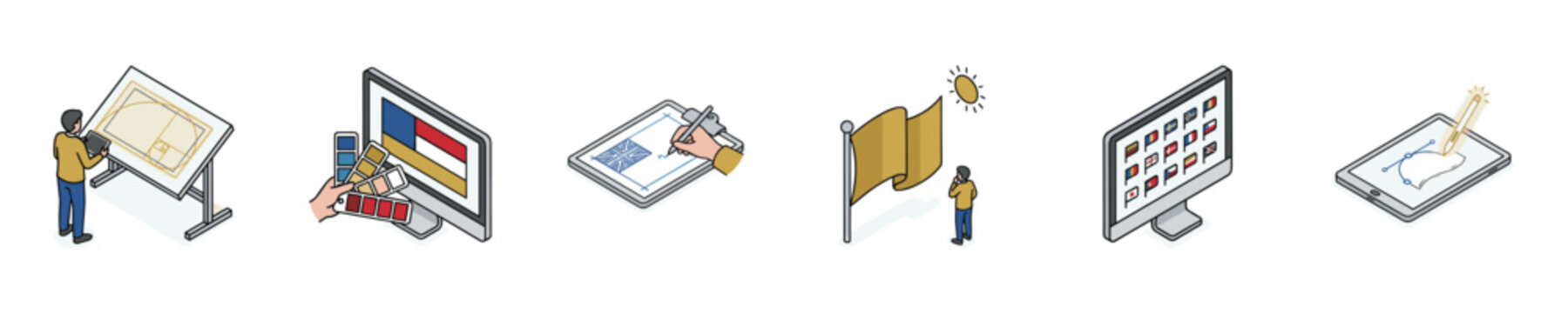 Graphic design process icons showing concept development and digital creation