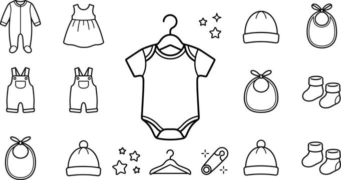 Baby clothing icon set with bodysuit romper dress overalls bib hat socks and hanger outline vector