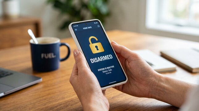 Woman using smartphone to control home security system. Interface showing disarmed status with unlocked padlock icon. Mobile app for smart house protection and remote safety management.