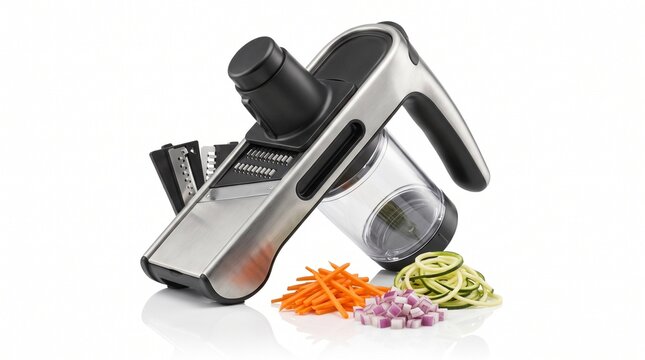 Kitchen Slicer Tool: A modern kitchen slicer tool with interchangeable blades, accompanied by freshly julienned carrots, zucchini noodles, and chopped red onion.
