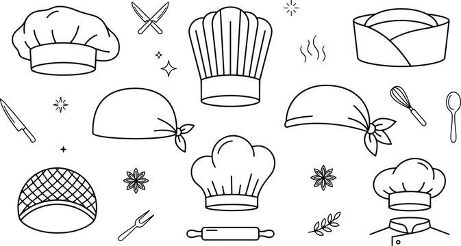 Chef hat and kitchen utensil vector outline element set for restaurant restaurant menu and bakery coloring book
