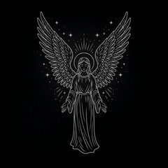 Fototapeta premium Stippled illustration of an angel with large wings on black background