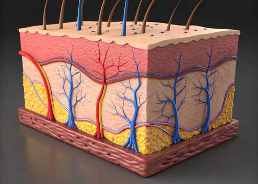 Cross-section of human skin showing its layered structure and hair follicles