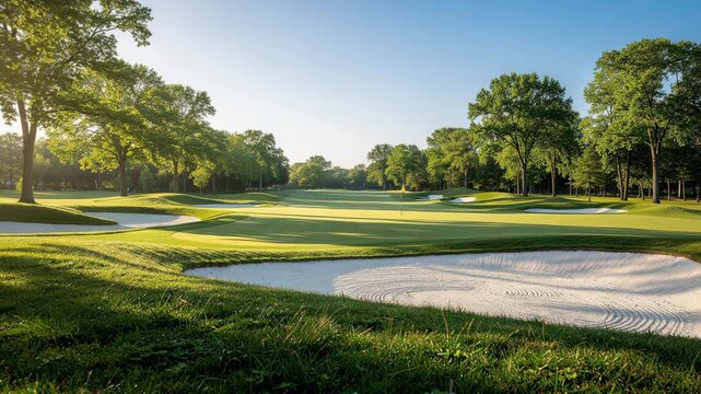 Beautiful green golf course with sand bunkers surrounded by trees under clear blue sky