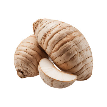 Fresh Raw Taro Roots with a Slice Isolated on White Background, Nutritious Tropical Root Vegetable