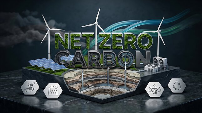 Net zero carbon renewable energy illustration with wind turbines and solar panels