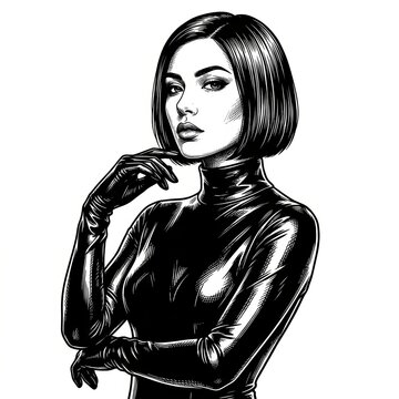 Black and White Scratchboard Illustration of Stylish Woman in Glossy High-Neck Latex Bodysuit &ndash; Fashion Portrait