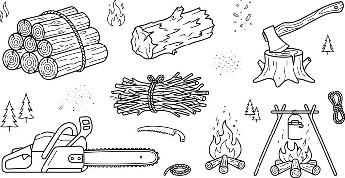 Campfire firewood and lumberjack equipment vector outline element set for camping theme coloring book page illustration