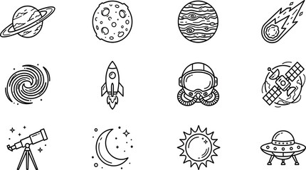 Outer Space and Astronomy Line Icon Set with Planets, Rocket Ship, Astronaut Helmet, Satellite, Telescope, and UFO Symbols for UI Graphic Designs © MdBiplob