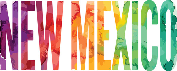 New Mexico state name typography vector illustration featuring colorful abstract watercolor texture letters design on white background © MDSabbir