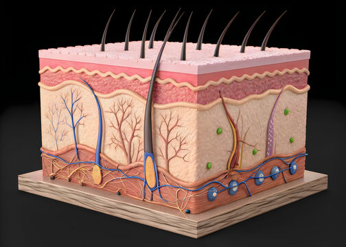 Cross-sectional illustration of human skin showing hair follicles and nerve endings
