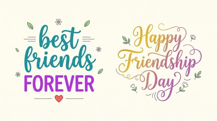 Obraz premium Best Friends Forever and Happy Friendship Day calligraphy, colorful hand-lettered typography set, decorative floral greeting card design elements