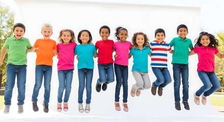 Obraz premium Group of diverse happy children jumping together on white background
