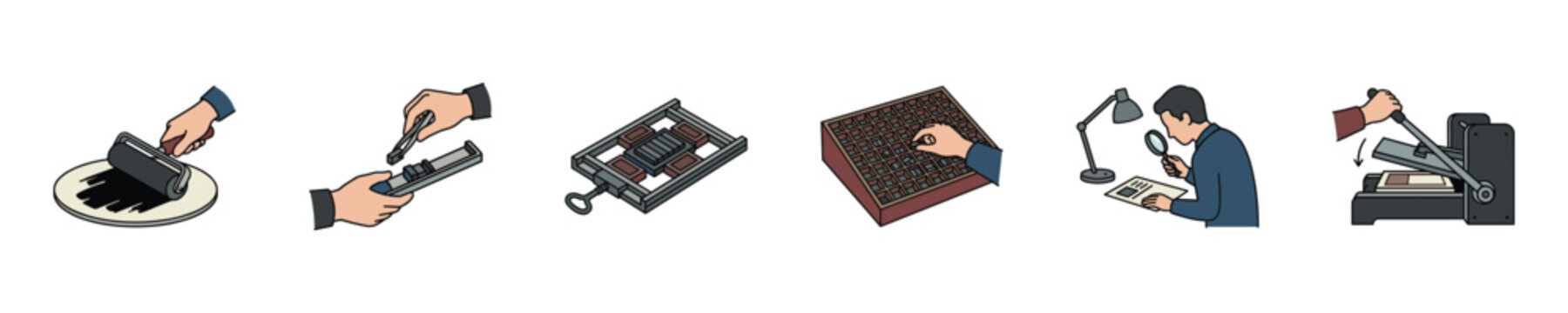 Illustrations depicting the historical process of letterpress printing and bookbinding